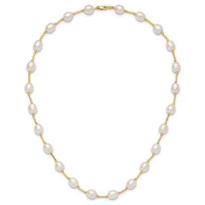 14K Yellow Gold 7 8mm White Rice Freshwater Cultured Pearl Beaded 18 Inch Necklace