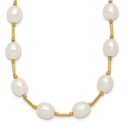 14K Yellow Gold 7 8mm White Rice Freshwater Cultured Pearl Beaded 18 Inch Necklace