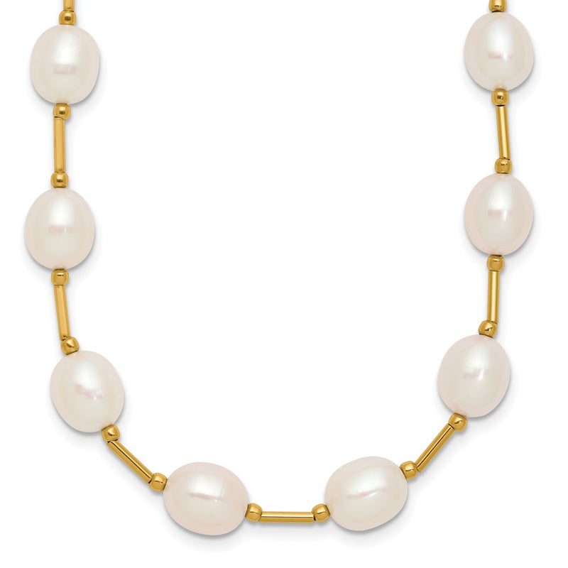 14K Yellow Gold 7 8mm White Rice Freshwater Cultured Pearl Beaded 18 Inch Necklace