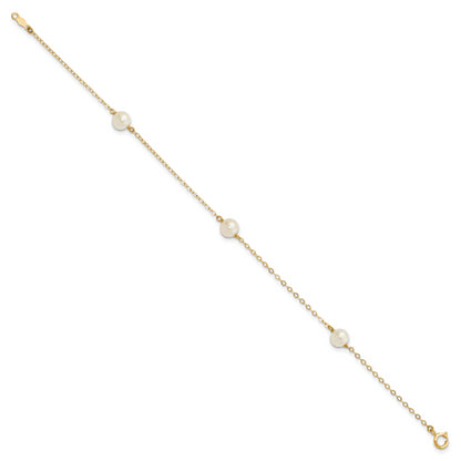 10K Yellow Gold 5-6mm White Near-Round Freshwater Cultured Pearl 3-Station 7.25 Inch Bracelet
