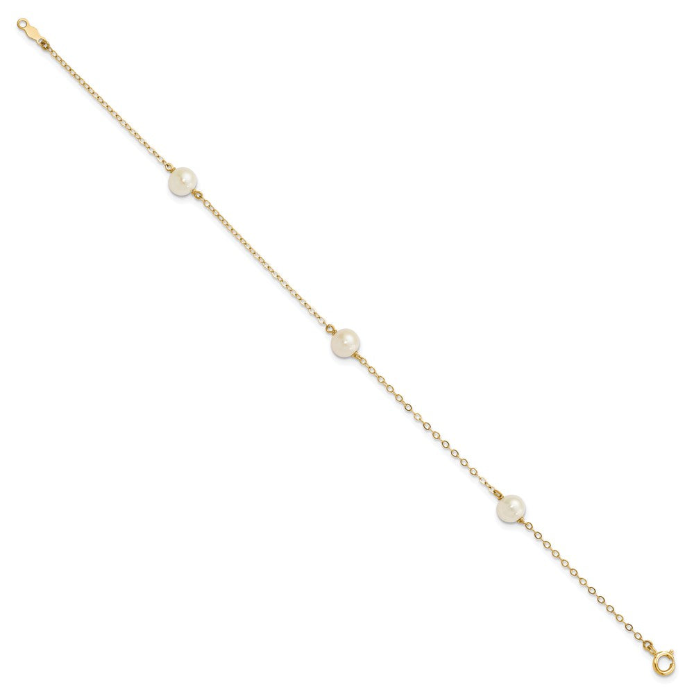 14K Yellow Gold 5 6mm White Near Round Freshwater Cultured Pearl 3 Station 7.25 Inch Bracelet
