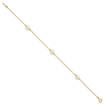 14K Yellow Gold 5 6mm White Near Round Freshwater Cultured Pearl 3 Station 7.25 Inch Bracelet