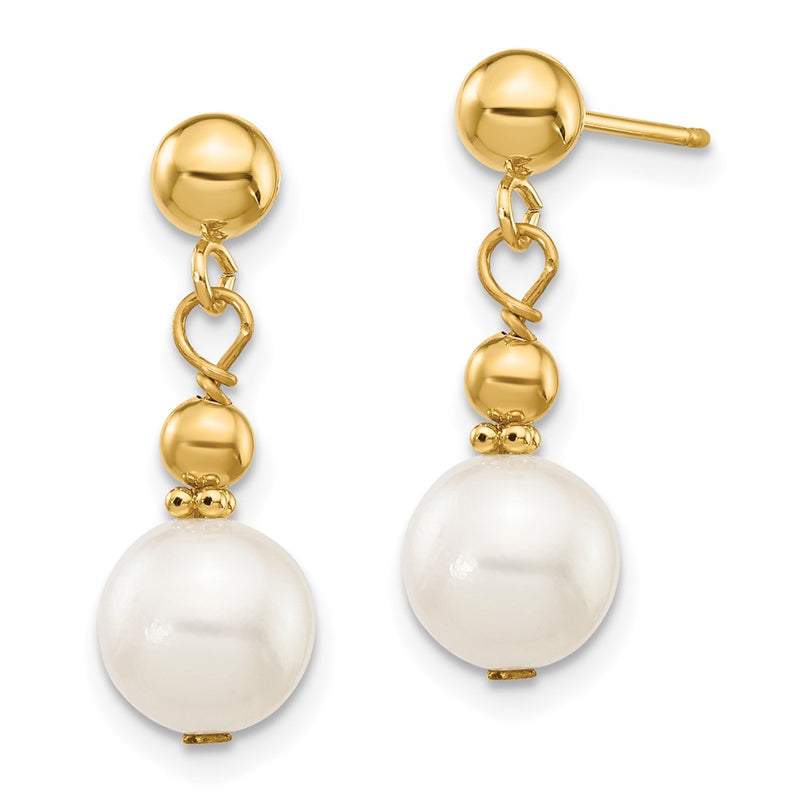 14K Yellow Gold 7 8mm White Semi Round Freshwater Cultured Pearl Post Dangle Earrings