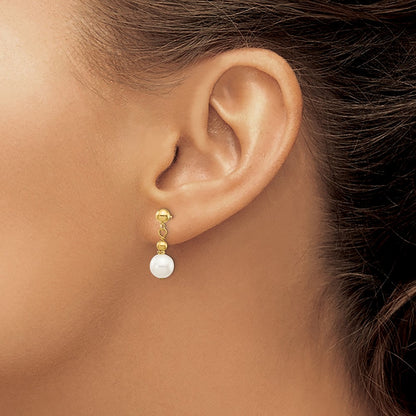 14K Yellow Gold 7 8mm White Semi Round Freshwater Cultured Pearl Post Dangle Earrings