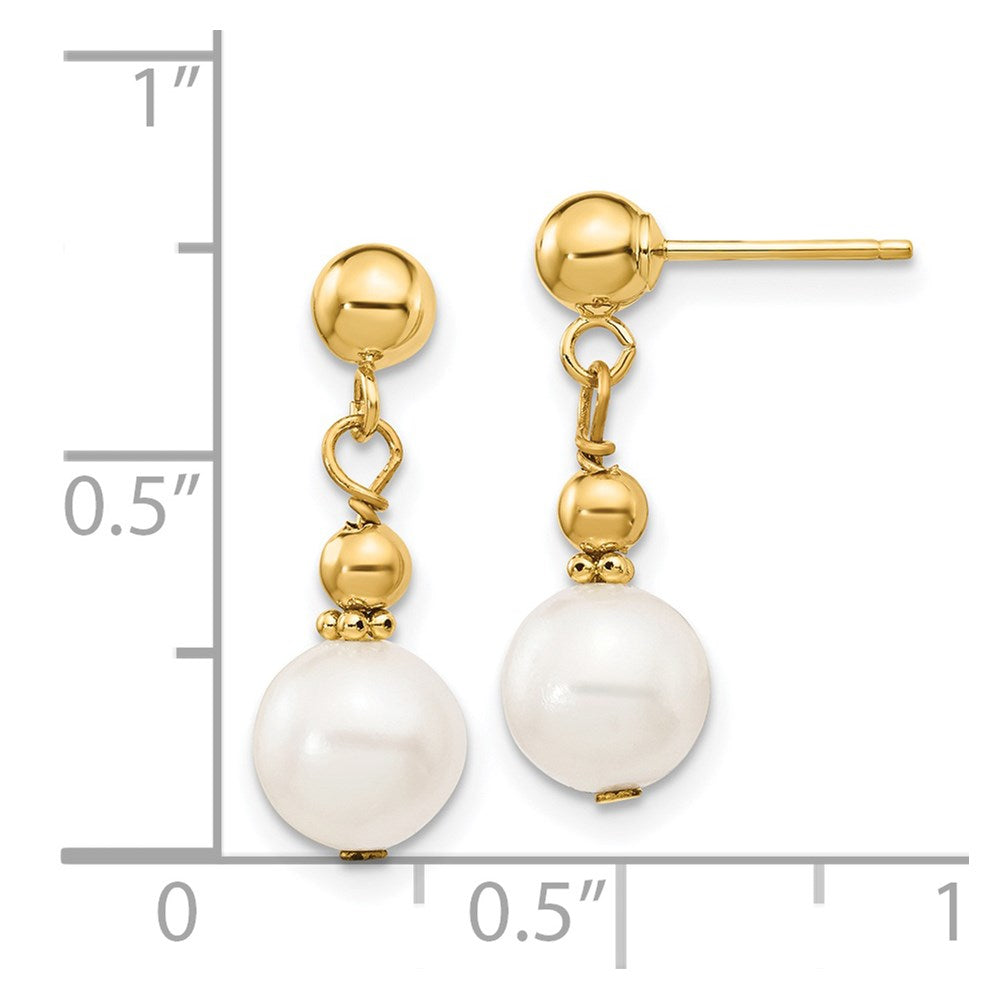 14K Yellow Gold 7 8mm White Semi Round Freshwater Cultured Pearl Post Dangle Earrings