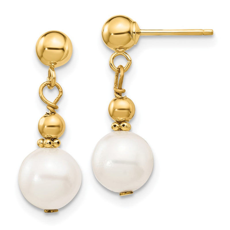14K Yellow Gold 7 8mm White Semi Round Freshwater Cultured Pearl Post Dangle Earrings