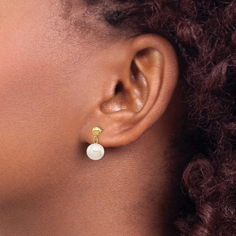 14K Yellow Gold 8 8.5mm White Round Freshwater Cultured Pearl Post Dangle Earrings