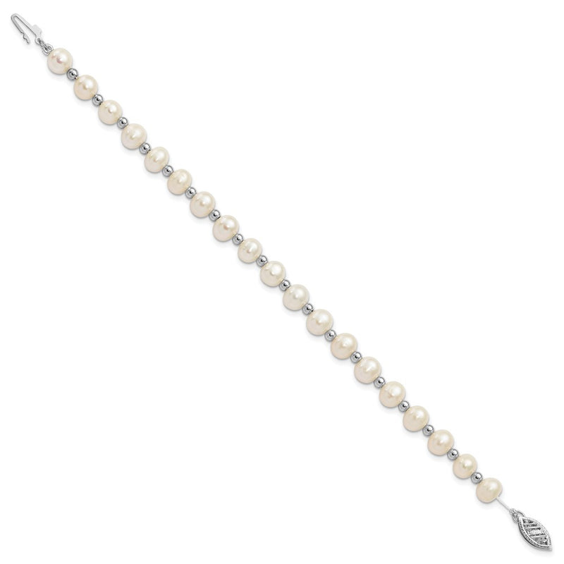14K White Gold 6 7mm Near Round Freshwater Cultured Pearl Beaded 7 Inch Bracelet