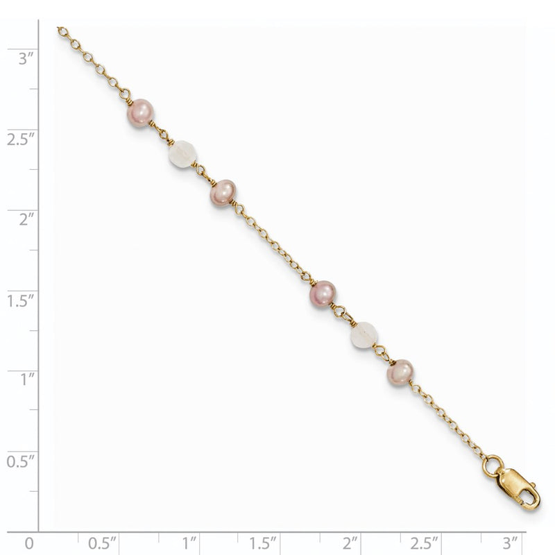 14K Yellow Gold Fw Cultured Pearl & Rose Quartz Cable Chain 1 In Ext