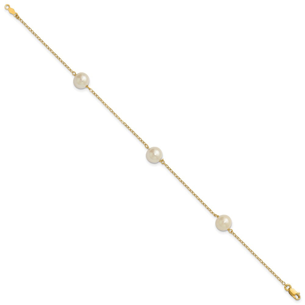 14K Yellow Gold 7-8mm White Near Round Freshwater Cultured Pearl 3-station Bracelet