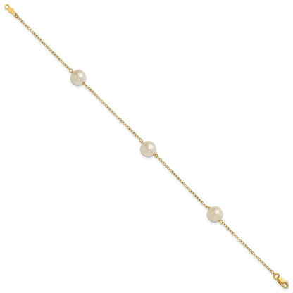 14K Yellow Gold 7-8mm White Near Round Freshwater Cultured Pearl 3-station Bracelet