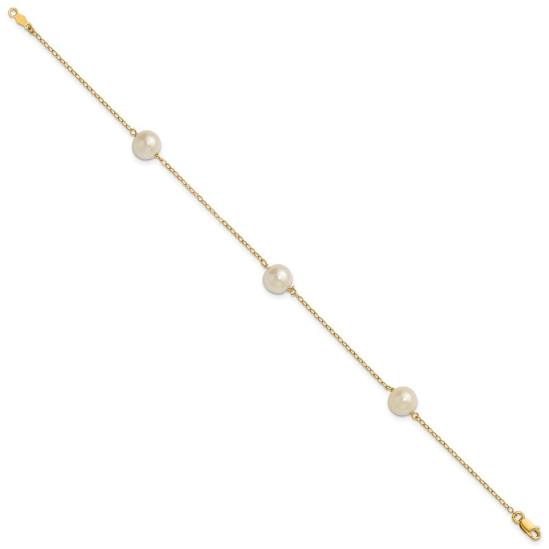 14K Yellow Gold 7-8mm White Near Round Freshwater Cultured Pearl 3-station Bracelet