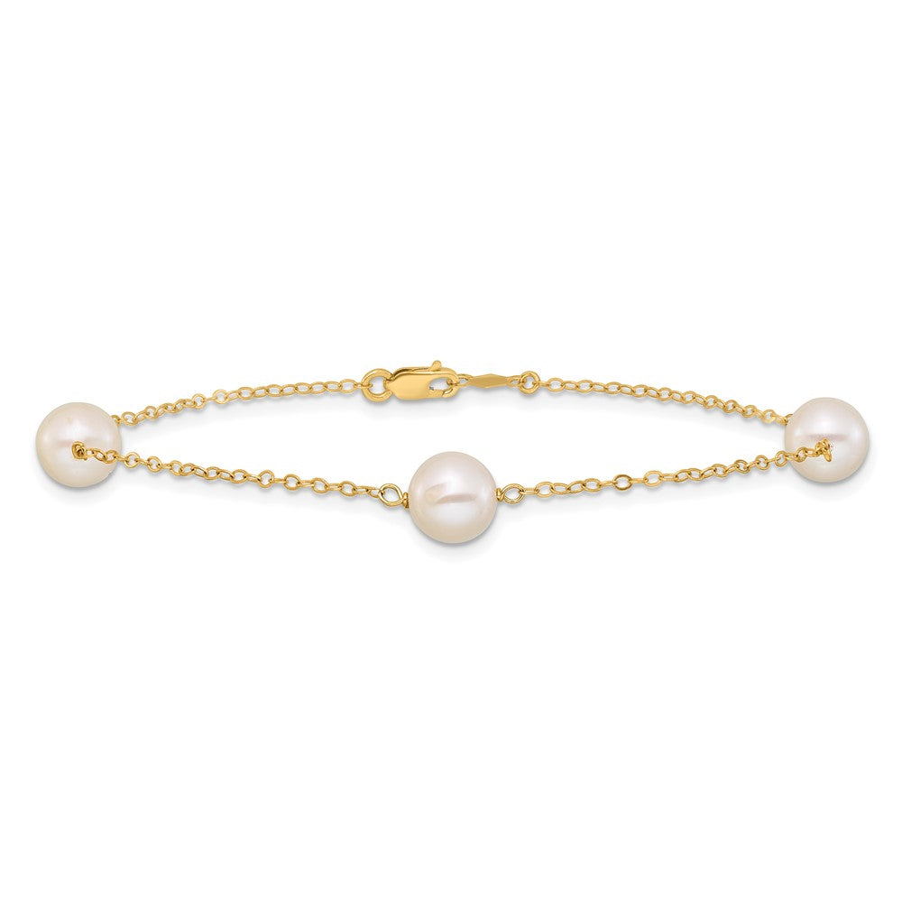 14K Yellow Gold 7-8mm White Near Round Freshwater Cultured Pearl 3-station Bracelet