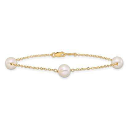 14K Yellow Gold 7-8mm White Near Round Freshwater Cultured Pearl 3-station Bracelet