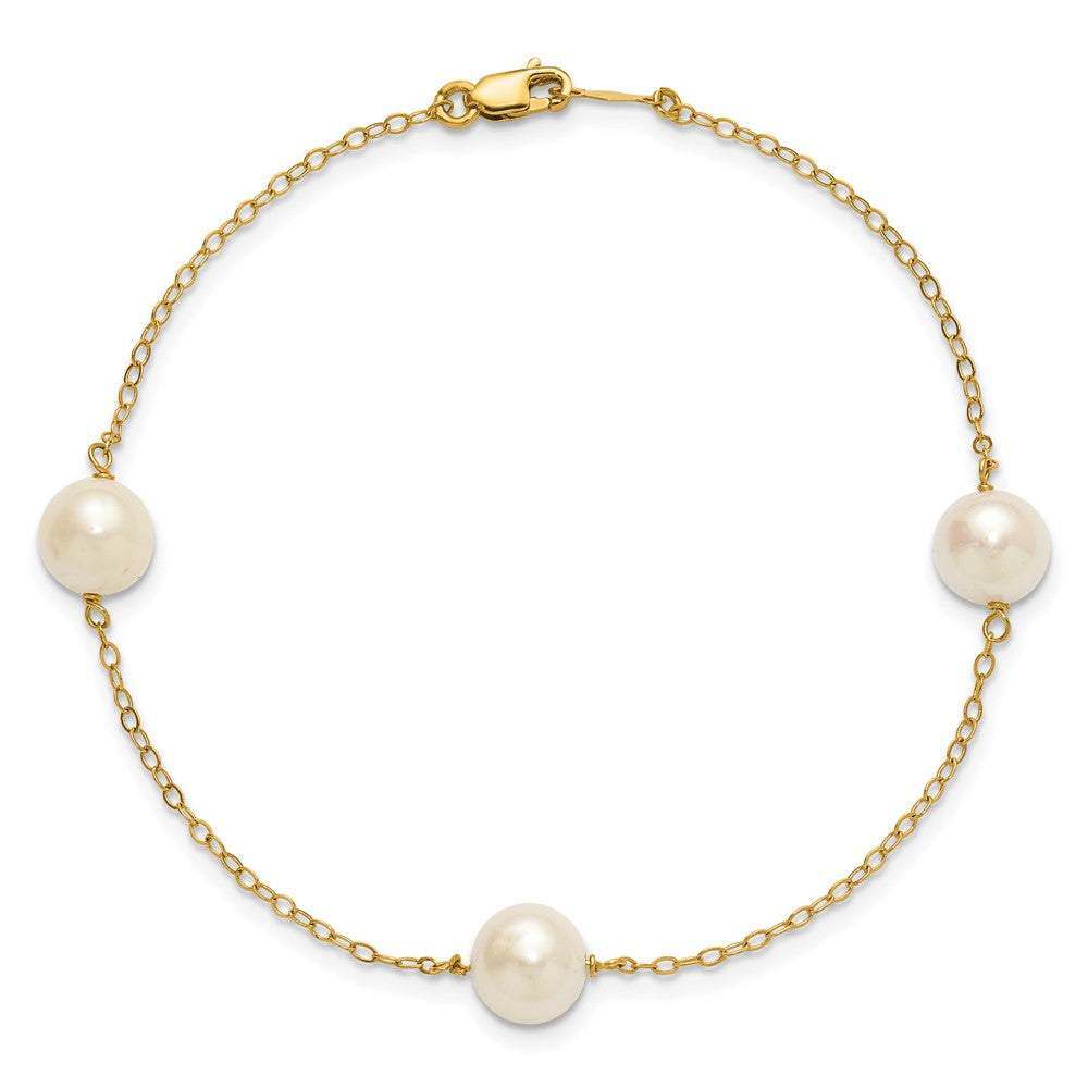 14K Yellow Gold 7-8mm White Near Round Freshwater Cultured Pearl 3-station Bracelet