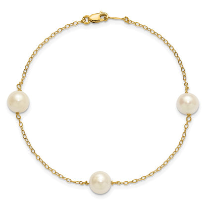 14K Yellow Gold 7-8mm White Near Round Freshwater Cultured Pearl 3-station Bracelet