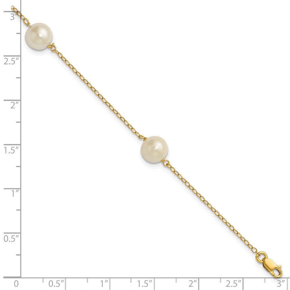 14K Yellow Gold 7-8mm White Near Round Freshwater Cultured Pearl 3-station Bracelet
