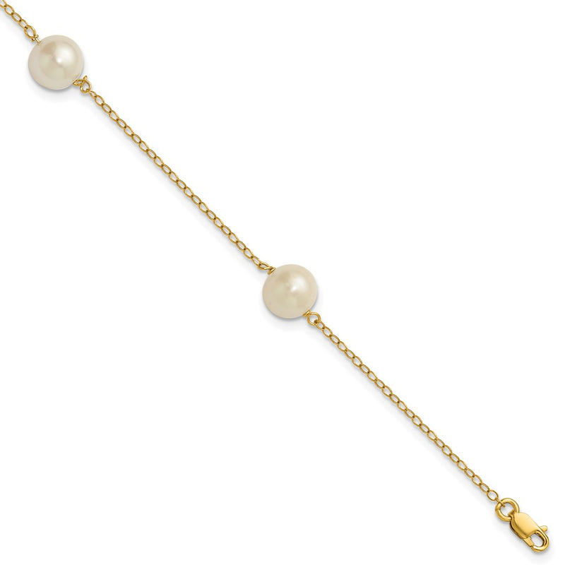 14K Yellow Gold 7-8mm White Near Round Freshwater Cultured Pearl 3-station Bracelet