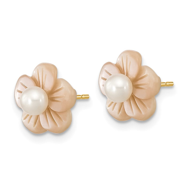 14K Yellow Gold 3 4mm White Round Freshwater Cultured Pearl And Pink Mother Of Flower Post Earrings