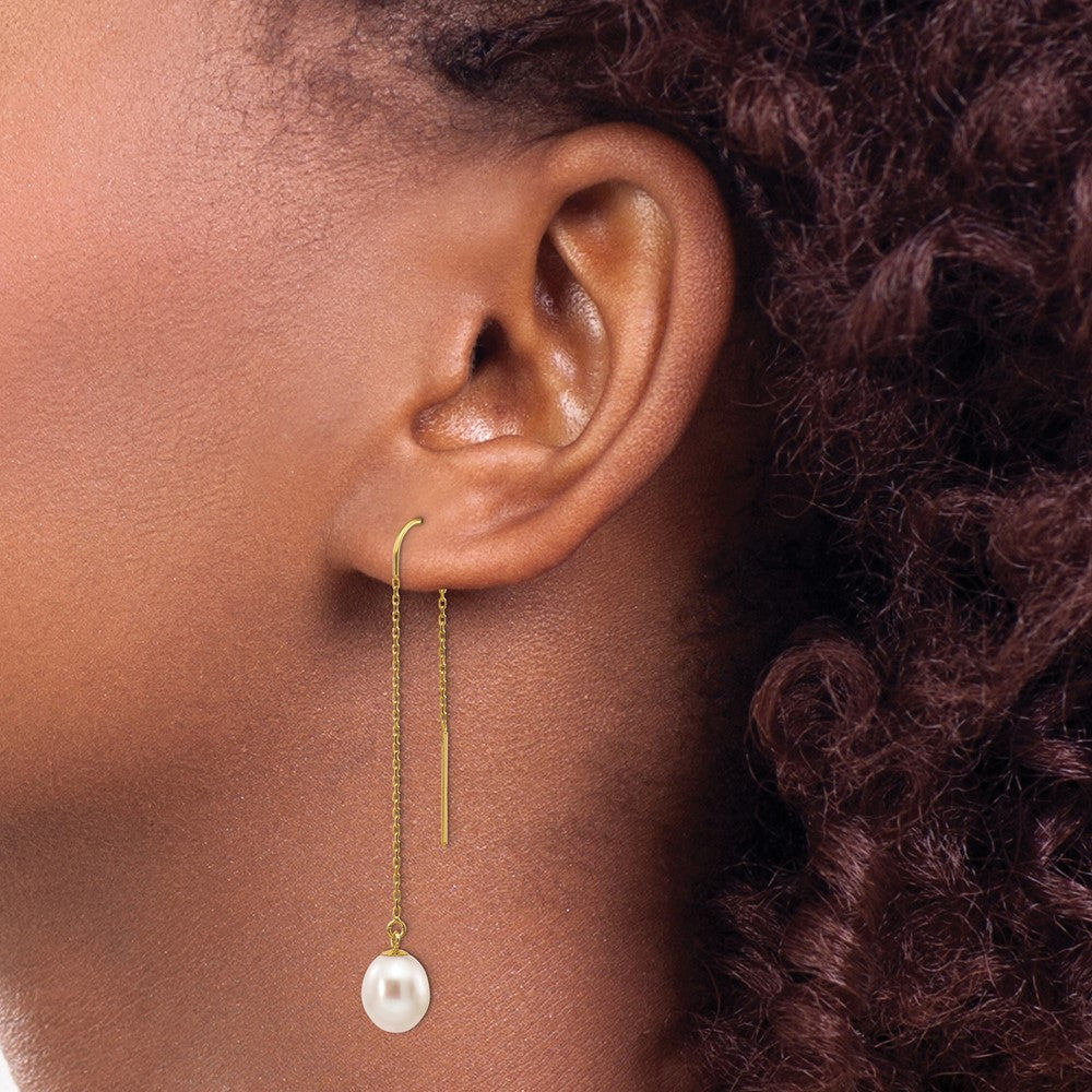 14K Yellow Gold 7 8mm White Rice Freshwater Cultured Pearl Dangle Threader Earrings