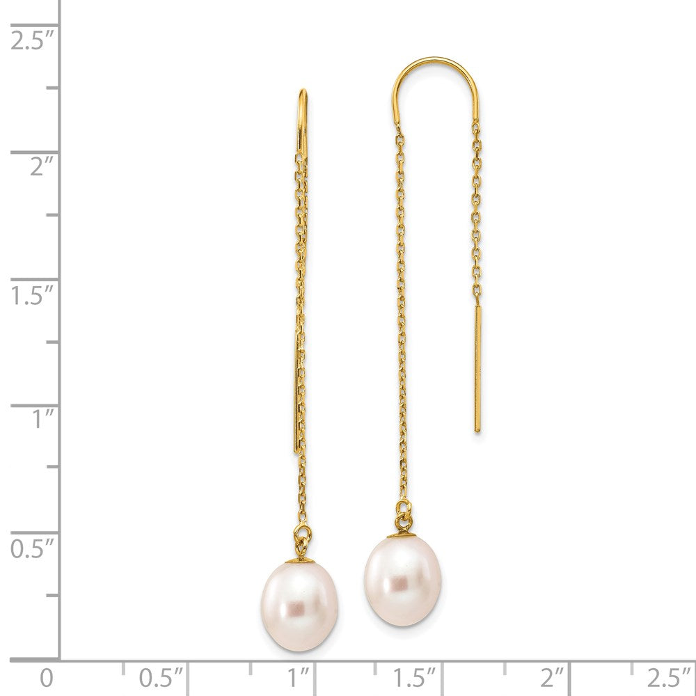14K Yellow Gold 7 8mm White Rice Freshwater Cultured Pearl Dangle Threader Earrings