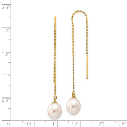 14K Yellow Gold 7 8mm White Rice Freshwater Cultured Pearl Dangle Threader Earrings
