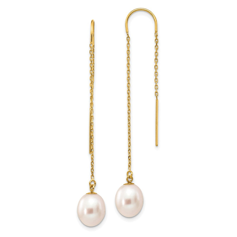 14K Yellow Gold 7 8mm White Rice Freshwater Cultured Pearl Dangle Threader Earrings