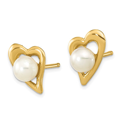 14K Yellow Gold 3 4mm White Button Freshwater Cultured Pearl Heart Post Earrings