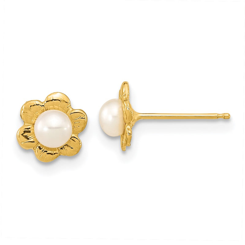 14K Yellow Gold 3 4mm White Button Freshwater Cultured Pearl Flower Post Earrings