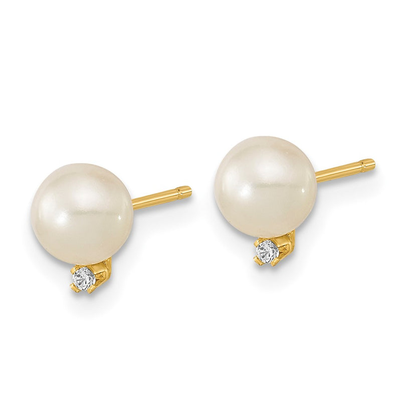 14K Yellow Gold 5 5.5mm White Round Freshwater Cultured Pearl And Cz Post Earrings