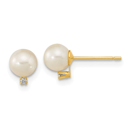 14K Yellow Gold 5 5.5mm White Round Freshwater Cultured Pearl And Cz Post Earrings