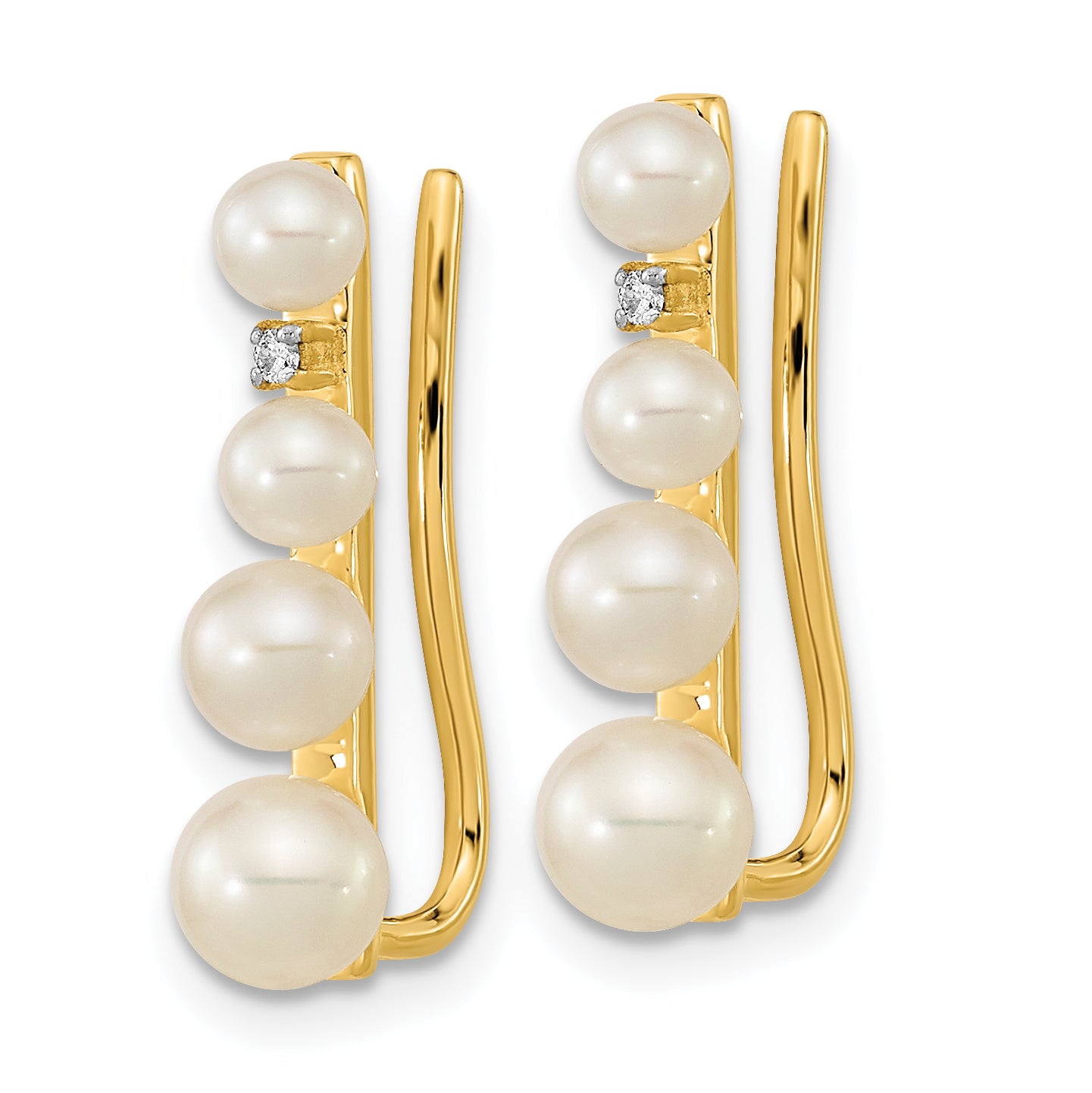 14K Yellow Gold 3 5mm Fw Cultured Pearl .016Ct Diamond Ear Climber Earrings