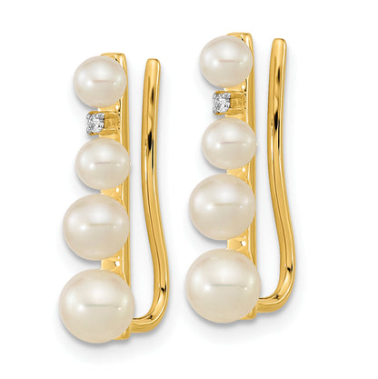 14K Yellow Gold 3 5mm Fw Cultured Pearl .016Ct Diamond Ear Climber Earrings