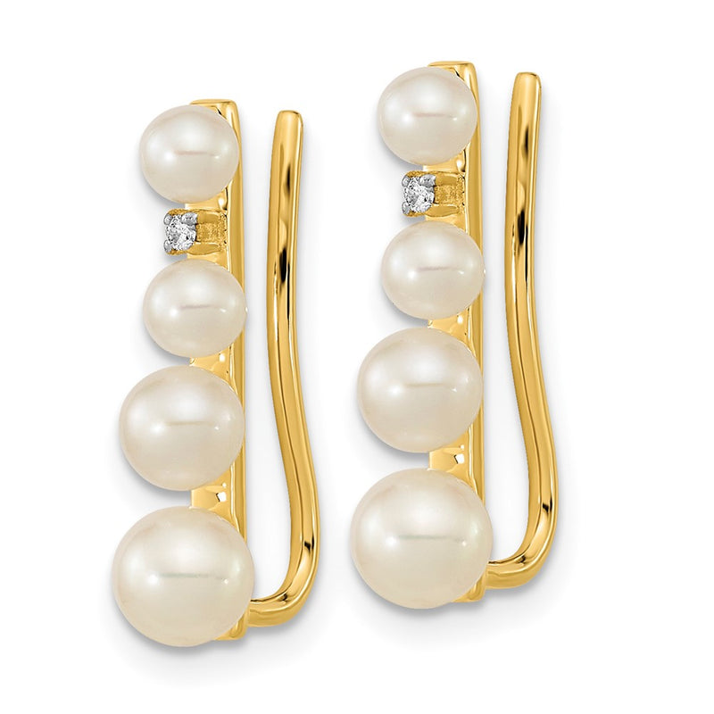 14K Yellow Gold 3 5mm Fw Cultured Pearl .016Ct Diamond Ear Climber Earrings