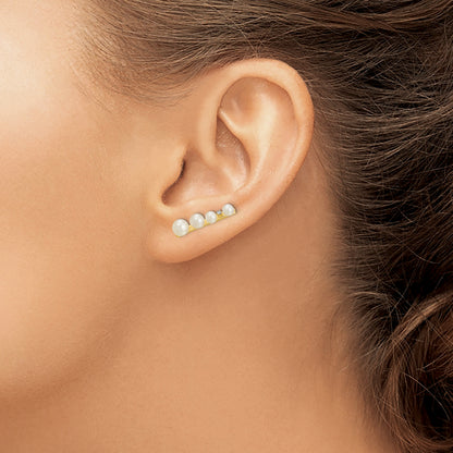 14K Yellow Gold 3 5mm Fw Cultured Pearl .016Ct Diamond Ear Climber Earrings