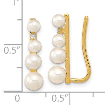 14K Yellow Gold 3 5mm Fw Cultured Pearl .016Ct Diamond Ear Climber Earrings