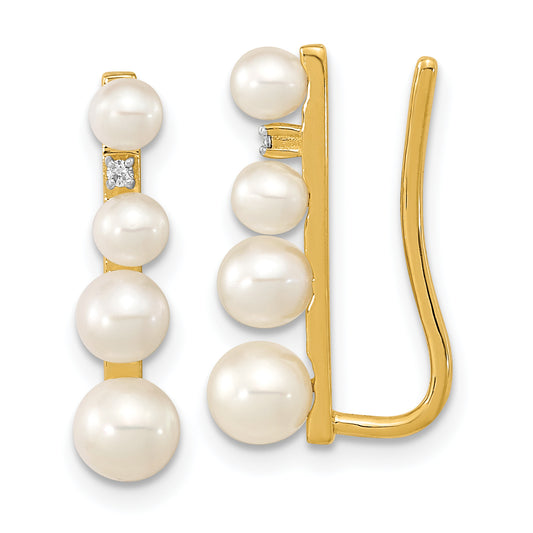 14K Yellow Gold 3 5mm Fw Cultured Pearl .016Ct Diamond Ear Climber Earrings