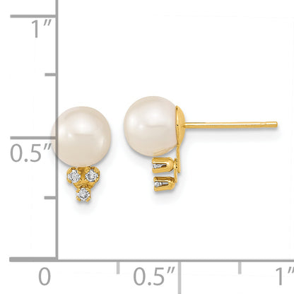 14K Yellow Gold 6 7mm White Round Freshwater Cultured Pearl And .06 Carat Diamond Post Earrings