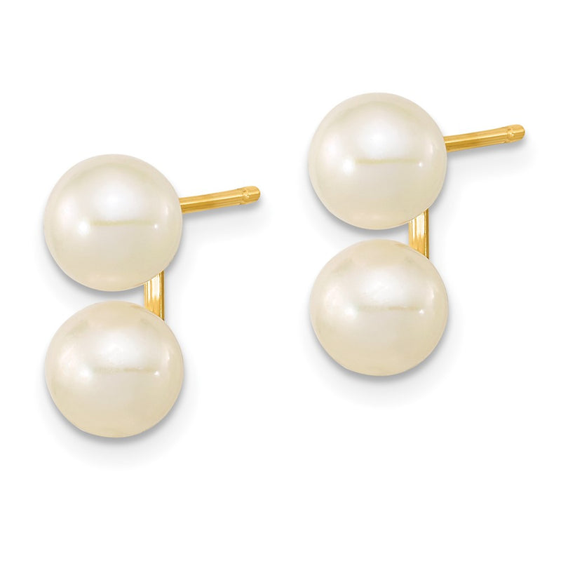 14K Yellow Gold 6 7mm White Round Freshwater Cultured Double Pearl Post Earrings