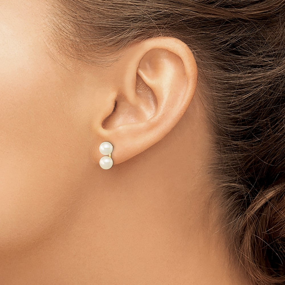 14K Yellow Gold 6 7mm White Round Freshwater Cultured Double Pearl Post Earrings