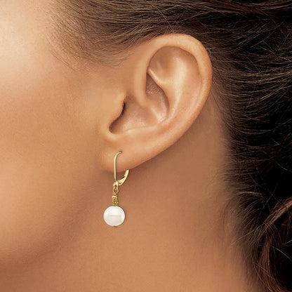 14K Yellow Gold 8 9mm White Near Round Freshwater Cultured Pearl Dangle Leverback Earrings