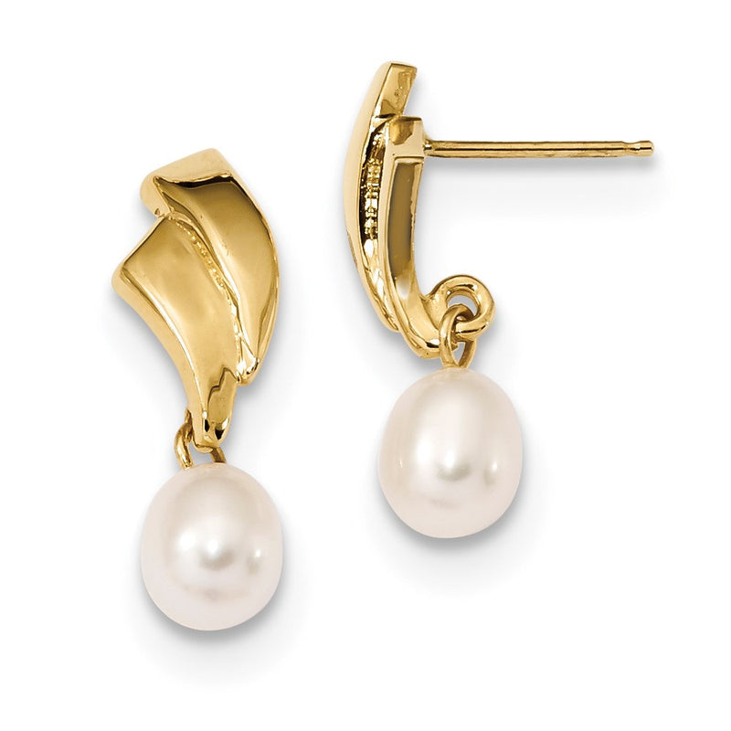 14K Yellow Gold 5 6mm White Rice Freshwater Cultured Pearl Post Dangle Earrings