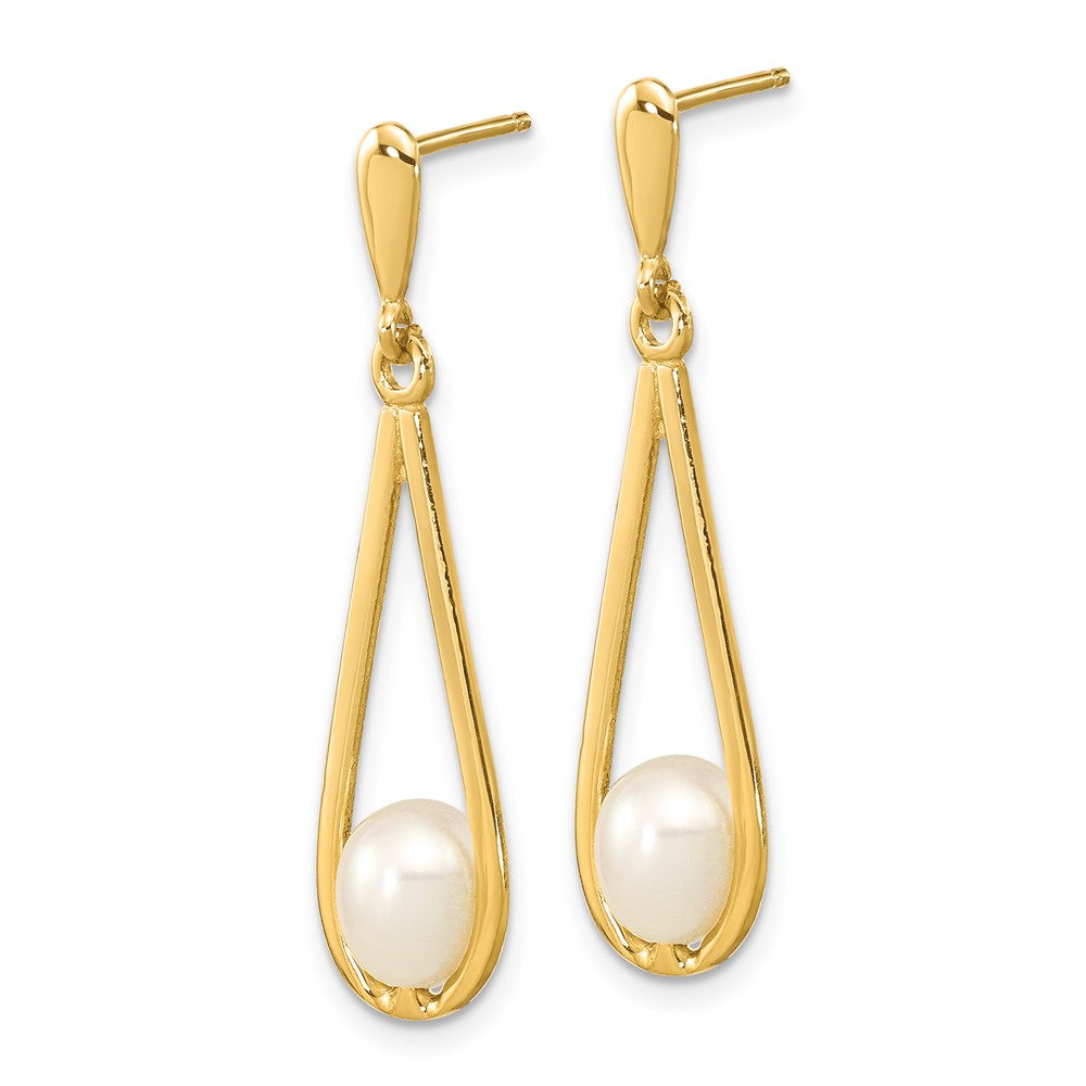14K Yellow Gold 5 6mm White Rice Freshwater Cultured Pearl Post Dangle Earrings