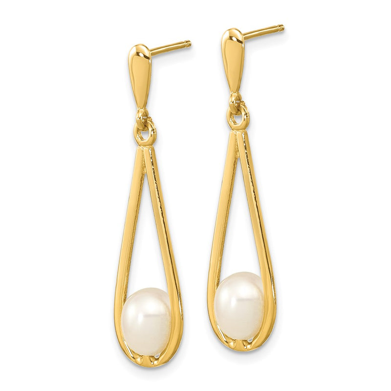 14K Yellow Gold 5 6mm White Rice Freshwater Cultured Pearl Post Dangle Earrings