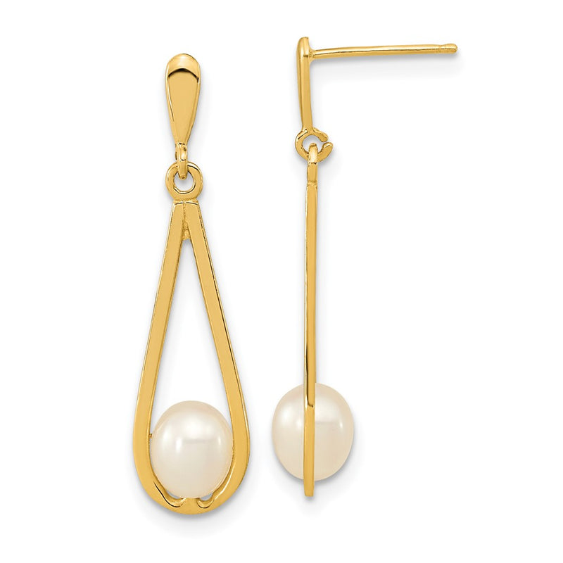 14K Yellow Gold 5 6mm White Rice Freshwater Cultured Pearl Post Dangle Earrings