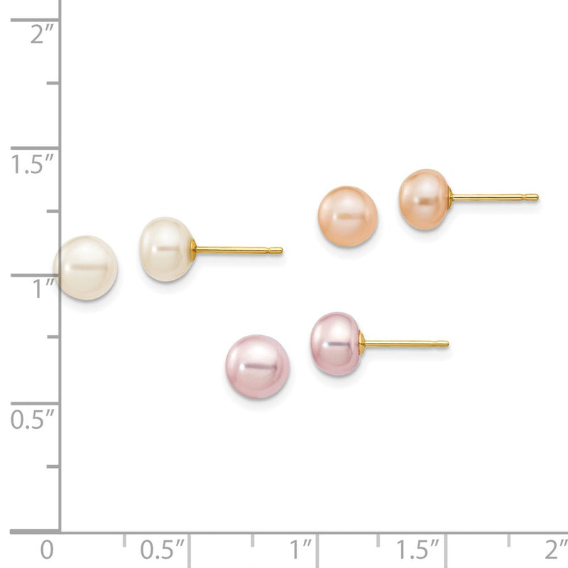 14K Yellow Gold 6 7mm Multicolor Button Freshwater Cultured Pearl Boxed 3 Pair Post Earrings Set