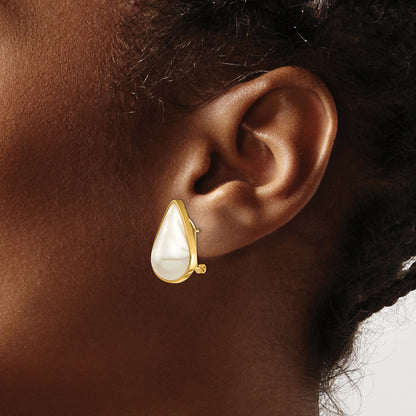 14K Yellow Gold 12X20 White Pear Saltwater Cultured Mabe Pearl Omega Back Earrings