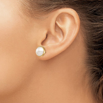 14K Yellow Gold 10 11mm White Mabe Saltwater Cultured Pearl Post Earrings