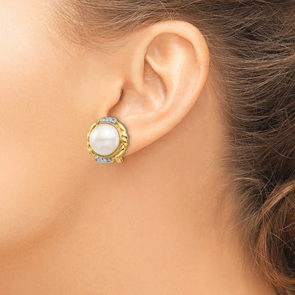 14K Yellow Gold 13 14mm White Saltwater Cultur Mabe Pearl .16Ct Dia Omega Back Earrings