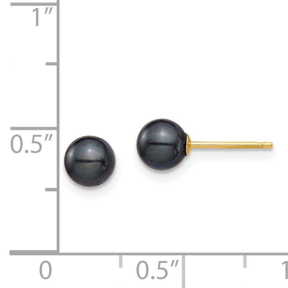 14K Yellow Gold 5 6mm Round Black Saltwater Akoya Cultured Pearl Stud Post Earrings